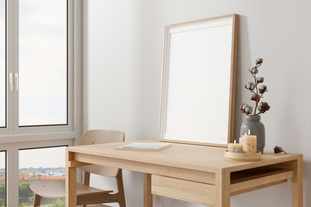 Empty vertical picture frame standing on wooden desk in modern room. Mock up interior